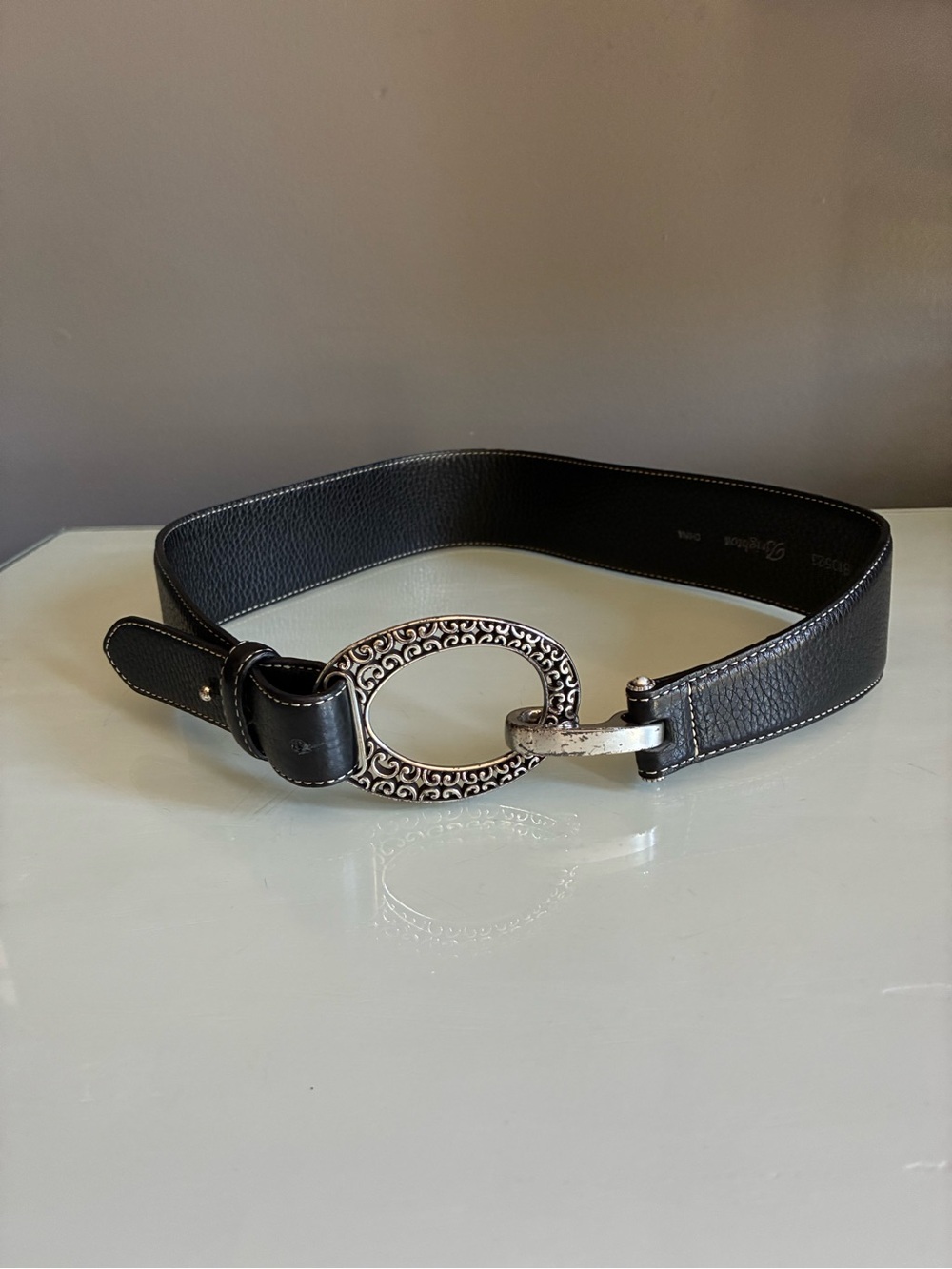 Black & Silver Brighton Pebbled Leather Belt with White Stitching